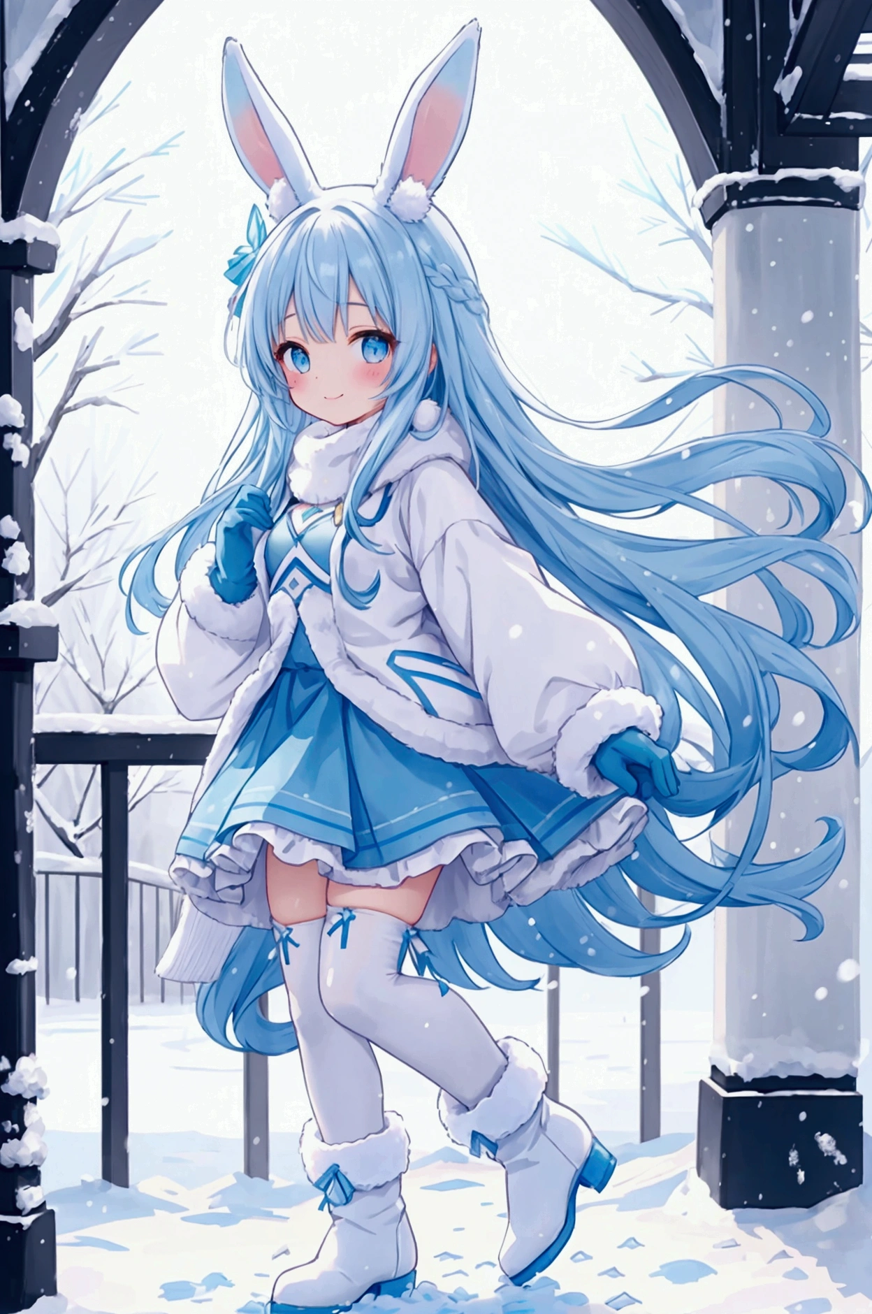 Girl、smile、Bunny ears、Bunny tail、Light blue hair color、long hair、Young、Small breasts、Snow Scene、Heavy down、fluffy、Winter gloves、mini skirt、White Stockings、boots