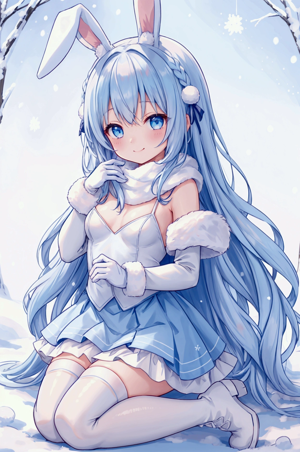 Girl、smile、Bunny ears、Bunny tail、Light blue hair color、long hair、Young、Small breasts、Snow Scene、Heavy down、fluffy、Winter gloves、mini skirt、White Stockings、boots