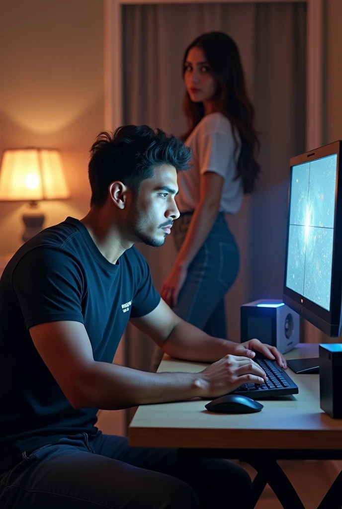 A man play the game in a room
The game run in a person’s computer.
Make a beauty full boy
Background is home
And a girl stand in her back side
The man name is surya .
Her body is so cool
The man is very stronger
The t-shirt print her name is surya
The computer is very expensive ₹100000000