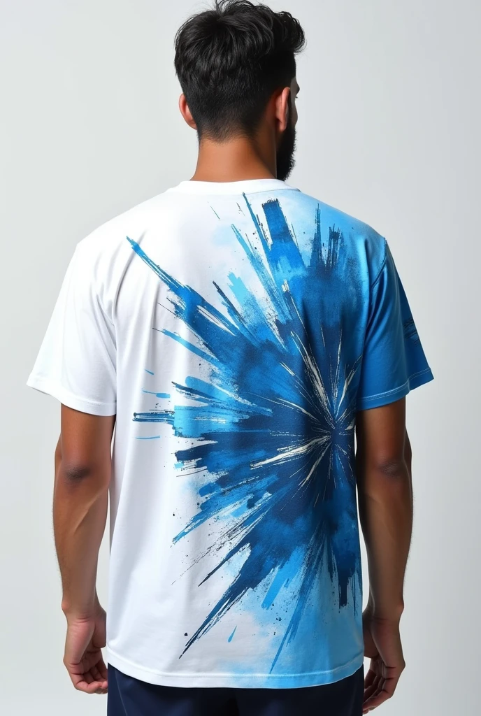 A back of tshirt use for layout color white and blue and put some artistic and abstract design in the left side, without person.