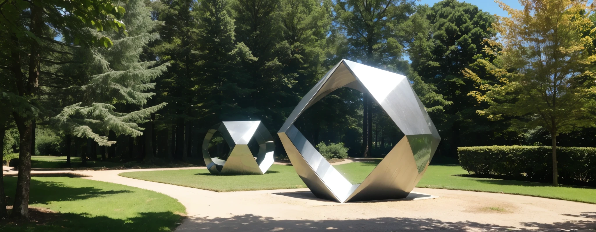 ((best qualityer)), ((work of art)), (detailded), In the middle of nature, there is a sculpture made of metal, an object with geometric shapes, modern sculpture and sculpture!!
