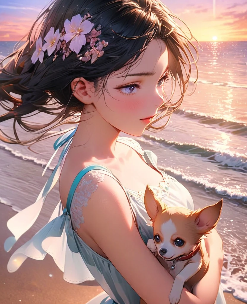 8k,Ephemeral beauty，Very delicate and beautiful,Beautiful and realistic skin,,Black Hair、Long and colorful hair,Beautiful Eyes,good,Beautiful sunset、dog(chihuahua)hug、dog cream color、Walking on the beach with my dog、casual、
