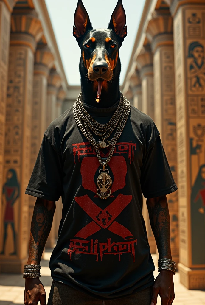 Doberman who likes Slipknot Wearing Slipknot clothes Egyptian god He smokes weed He's crazy He uses a stretcher He has a tattoo