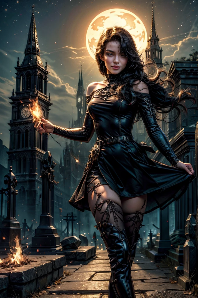 (masterpiece, best quality:1.2), cowboy shot, holding flame, solo, 1girl, cinder fall, smiling, looking at viewer, long hair,  black evening dress, elbow gloves, pantyhose, night, stars, walking through run-down graveyard on hillside, gothic church in background, ancient crypt, cracked tombstones, bonfire, small crowd (volumetric lighting), sharp focus, hyper detailed 