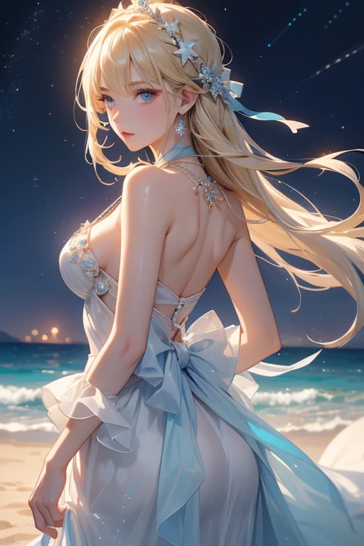 (masterpiece、Highest quality、8k、High resolution)、(The best beautiful girl)、Best Style、(The most beautiful face)、Beautiful Skin、Clean blue eyes、Beautiful Lips、Beautiful Nose、Blonde、Ample breasts、Walking on the sand、look back、The curves of her buttocks are round and beautiful..、Ocean、You can see the forest、A bright night with the stars clearly visible、Beautiful starry sky、milky way、(体whole bodyから神秘的な光の粒子、Colorful light)、The face is beautiful、(jewelry、necklace)、dress、(whole body)、Highly detailed anime art、A complete portrayal、