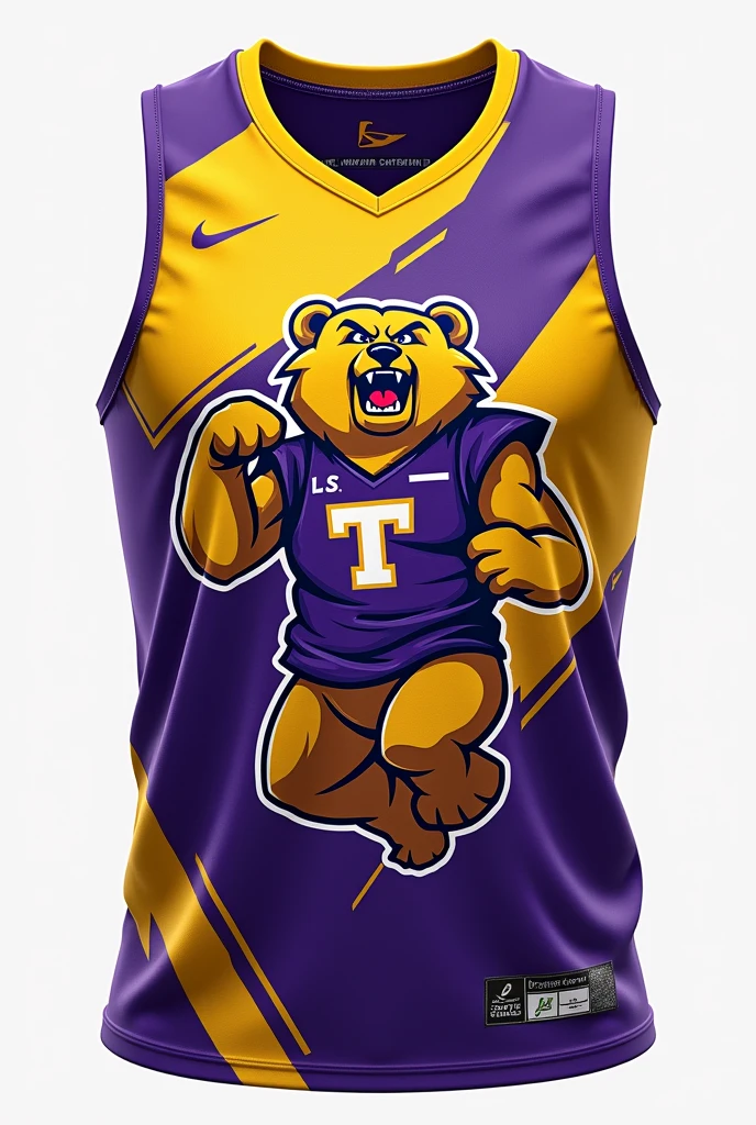 purple and yellow college athletic vest with a wild nursing athletic bear 