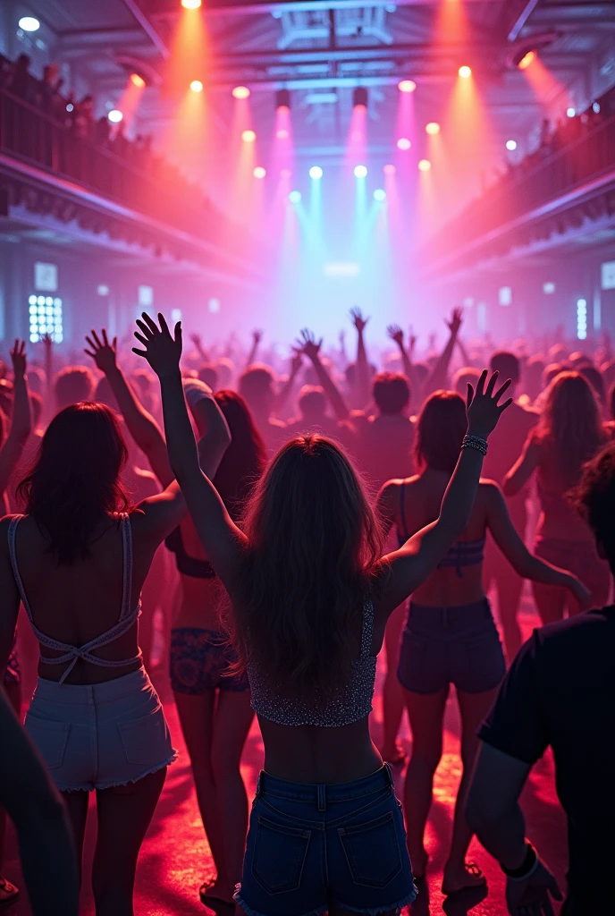 A crowd dancing in a party lights 