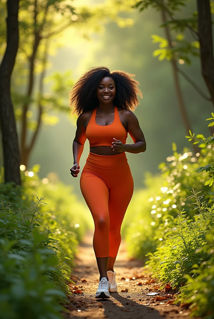 Create an image of a confident African woman with a curvy build, walking energetically along a picturesque nature trail. She is wearing vibrant, stylish athletic wear, such as a bright top and matching leggings. Her stride is dynamic and purposeful, reflecting her active lifestyle. The background features a lush, green forest with sunlight filtering through the trees, creating a refreshing and invigorating atmosphere. The scene should emphasize her healthy, energetic lifestyle and connection with nature