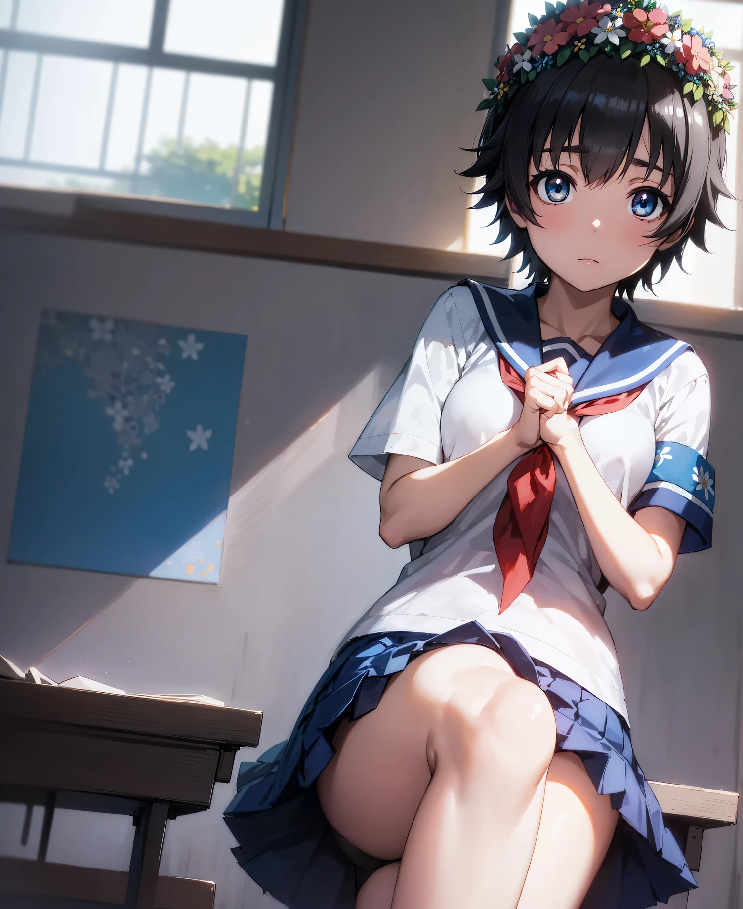 Kyoto Animation,shinkai makoto,uiharukazari, Kazari Uiharu, (black eye:1.5), Black Hair, flower, hair flower, hair ornaments, flower ring on head, short hair,
break armband, sakugawa school uniform, school uniform, Seraphim, skirt, Summer clothes, neckerchief, red neckerchief, Blue sailor collar, Blue Card, Short sleeve,white lace flower decorative panties,White socks,
break looking at viewer,
break indoors, classroom,
break (masterpiece:1.2), Highest quality, High resolution, unity 8k wallpaper, (shape:0.8), (Fine and beautiful eyes:1.6), Highly detailed face, Perfect lighting, Highly detailed CG, (Perfect hands, Perfect Anatomy),