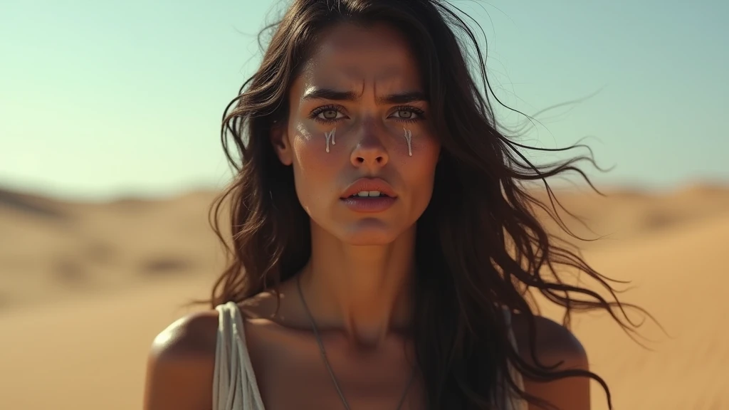 A woman, black hair, sad face, confused face, crying, full body, in a desert, realistic (real), Photorealistic