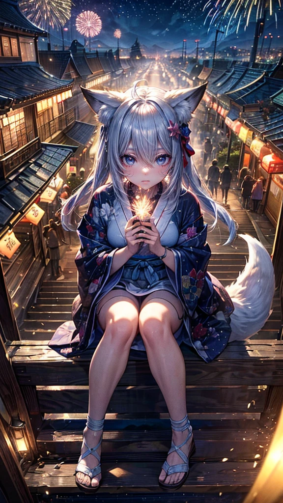 High resolution, Winner of numerous awards, Ultra high definition, Textured skin, retina,
masterpiece,(bestquality),highlydetailed,ultra-detailed,1girl, (A composition where a girl is sitting on ロボット:1.4)(Look to the side)(natural lighting,confidentexpression),(The grounds of an empty shrine)(Staircase under the stairs、fair、festival:1.2)(The view from above)(panorama:1.2),Fireworks in the sky smile,angle、chrome,raw(A beautiful girl with silver hair and fox ears in a yukata:1.5)(Fireworks lighting)(Looking down:1.4)(Looking down angle)(firework:0.8)(Fox's Tail)Holding cotton candy(Perfect Anatomy)(With shaved ice:1.7)