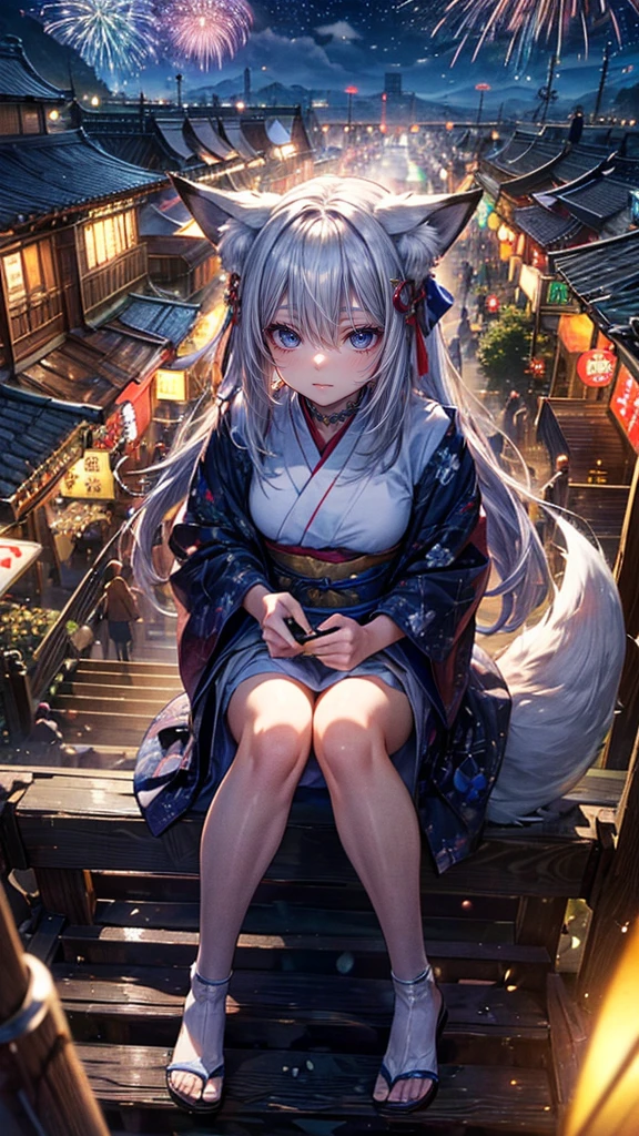 High resolution, Winner of numerous awards, Ultra high definition, Textured skin, retina,
masterpiece,(bestquality),highlydetailed,ultra-detailed,1girl, (A composition where a girl is sitting on ロボット:1.4)(Look to the side)(natural lighting,confidentexpression),(The grounds of an empty shrine)(Staircase under the stairs、fair、festival:1.2)(The view from above)(panorama:1.2),Fireworks in the sky smile,angle、chrome,raw(A beautiful girl with silver hair and fox ears in a yukata:1.5)(Fireworks lighting)(Looking down:1.4)(Looking down angle)(firework:0.8)(Fox's Tail)Holding cotton candy(Perfect Anatomy)(With shaved ice:1.7)