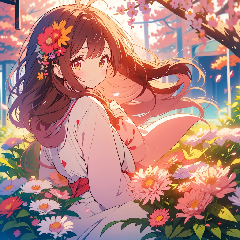 kawaii, anime, Cute, hyper quality, highly detailed, 8k, Clarity, Draw facial expressions in detail, Girl with long dark brown hair and green eyes, red aster flower, red and white aster flowers, whole body, love, smile, A young smiling girl with pale pink scarlet eyes., peek from behind, good mood, with light pink hair,
