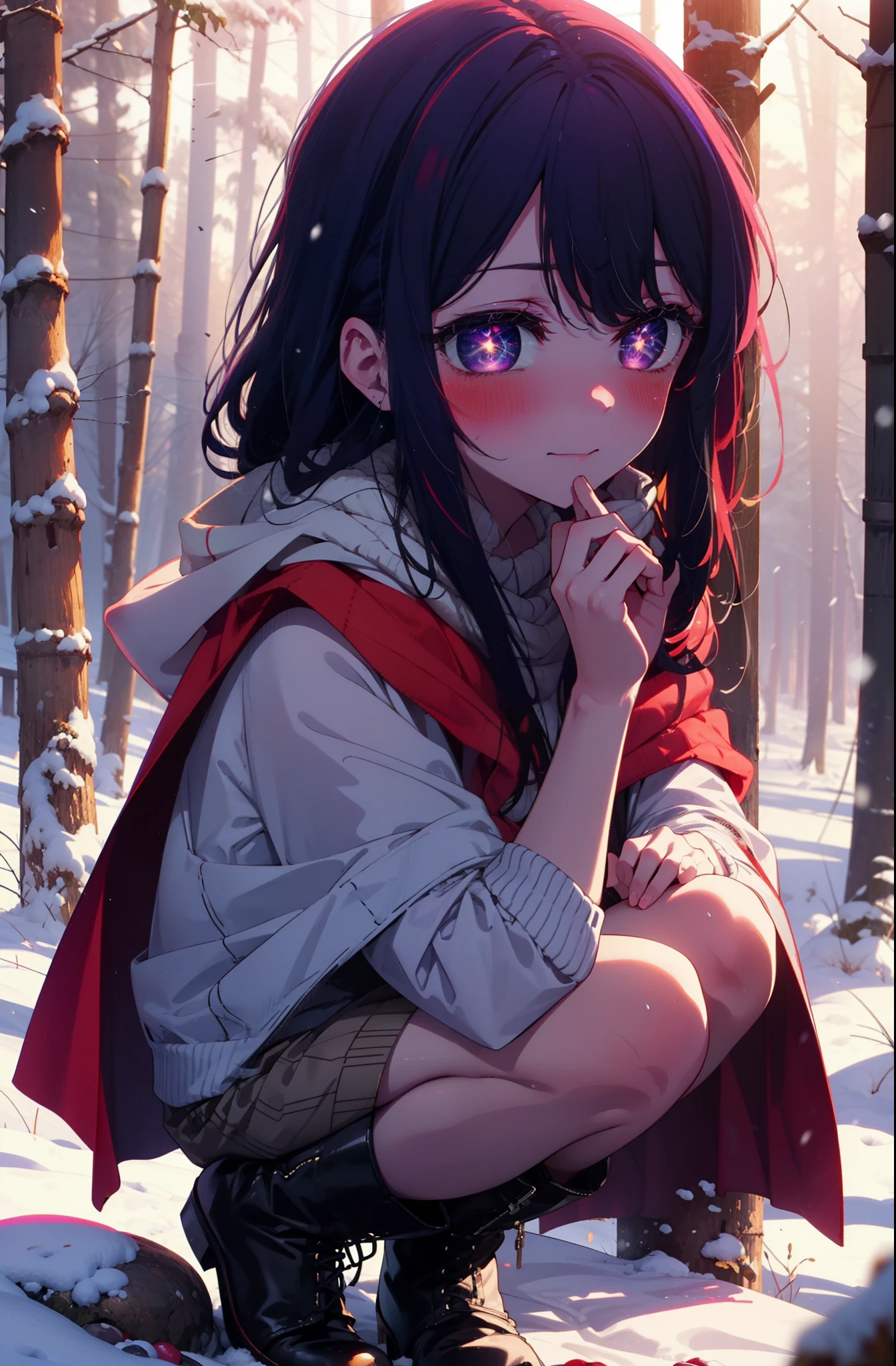 aihoshino, Ai Hoshino, Long Hair, bangs, (Purple eyes:1.1), Purple Hair, (Symbol-shaped pupil:1.5), smile,,smile,blush,white breath,
Open your mouth,snow,Ground bonfire, Outdoor, boots, snowing, From the side, wood, suitcase, Cape, Blurred, , forest, White handbag, nature,  Squat, Mouth closed, Cape, winter, Written boundary depth, Black shoes, red Cape break looking at viewer, Upper Body, whole body, break Outdoor, forest, nature, break (masterpiece:1.2), Highest quality, High resolution, unity 8k wallpaper, (shape:0.8), (Beautiful and beautiful eyes:1.6), Highly detailed face, Perfect lighting, Highly detailed CG, (Perfect hands, Perfect Anatomy),