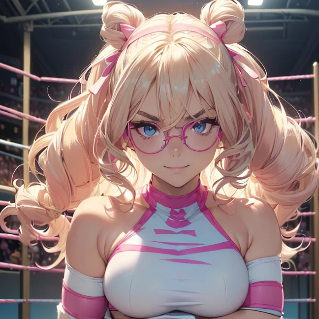 (Masterpiece, best high quality image, carefully detailed details and textures, alone character, full character view, HD)
{{(1character: 30 years old blonde haired danish human girl noble:(fair skin, blonde long curly hair, beautiful light-blue eyes, beautiful face, sharp eyebrows, voluptuous figure, big breasts, beautiful legs, defiant smile, friendly demeanor, wrestle position),((left hair pink-ribbon), blue round glasses, white strapless wrestling leotard, pink elbow pads, bare shoulders, white armsleeves, pink wristbands, white gloves, pink knee pads, pink wrestling boots),(wrestlers gym, wrestling gym with ropes and turnbuckles, clean gym walls))}}