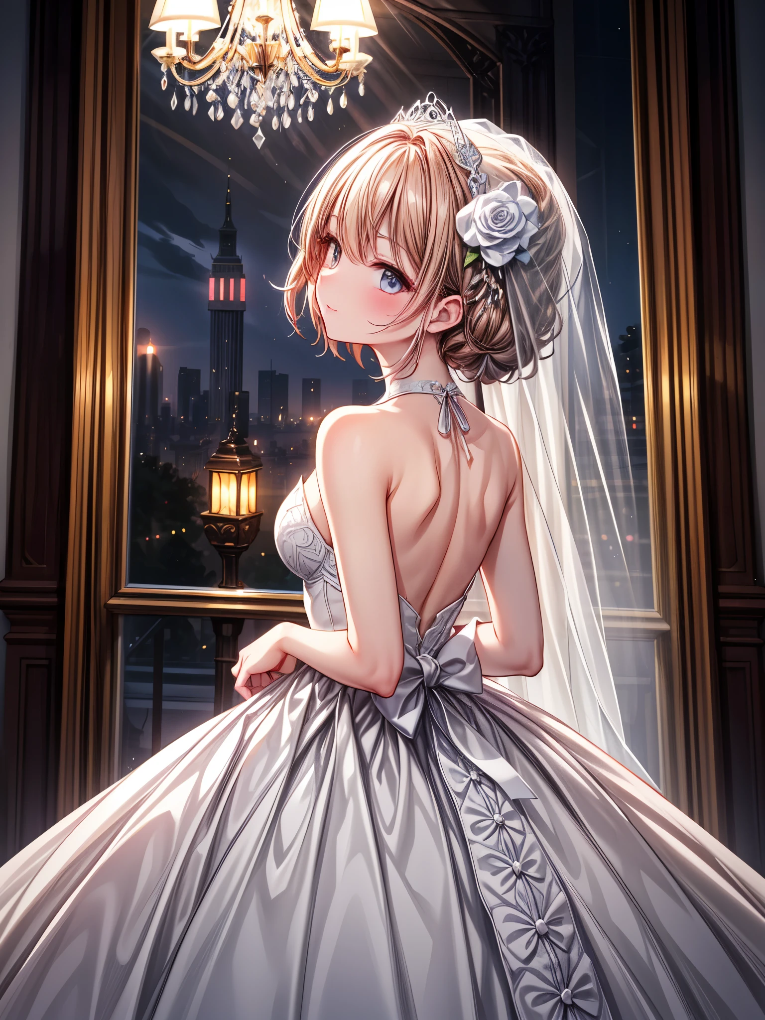 (Highest quality, High resolution, masterpiece:1.2,), figure, night, One person, whole body, (Wedding dress), Put your arms behind your back, Wait for a kiss, View your viewers, Happy, blush,