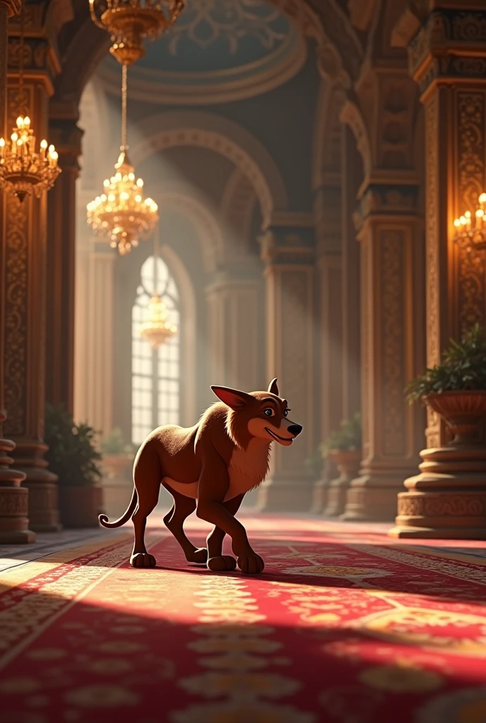 Draw a Disney-type beast walking around inside its luxurious and classic giant castle, but make the beast smaller and more sophisticated. 
