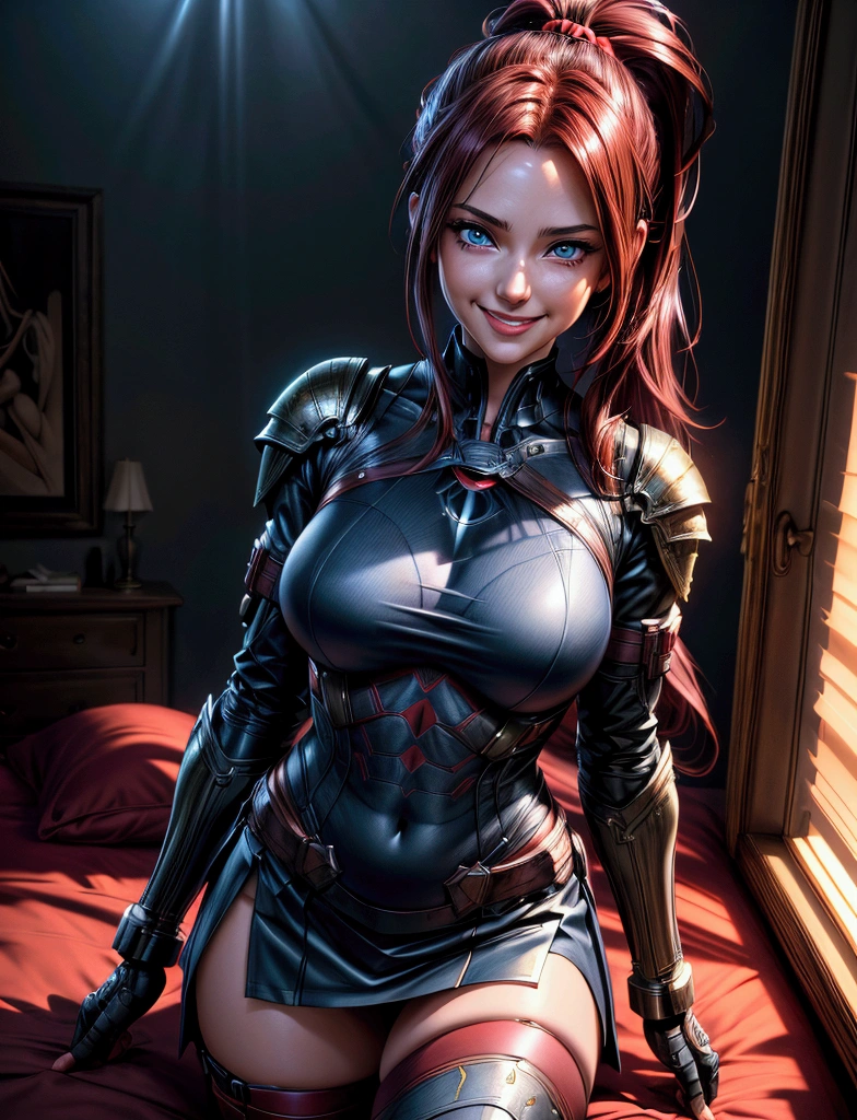 a beautiful young woman with big breasts, long dark red hair tied in a ponytail, stunning dark blue eyes, wearing a short miniskirt, showing her panties while making a peace sign and smiling, anime inspired night bedroom scene, highy detailed, 8k, photorrealistic, intrikate, hyperrealisti, chiaroscuro lighting, warm color tones, work of art, art by artgerm and greg rutkowski