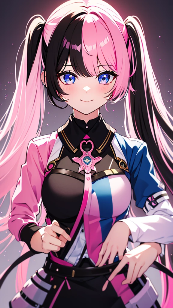 One person, High resolution, Long Hair, Anatomically correct, Blue Eyes,TachibanaHinano, medium breasts, (split-color hair, black hair, pink hair:1.3), Blushing, Twin tails, Cinematic light effects, smile, 