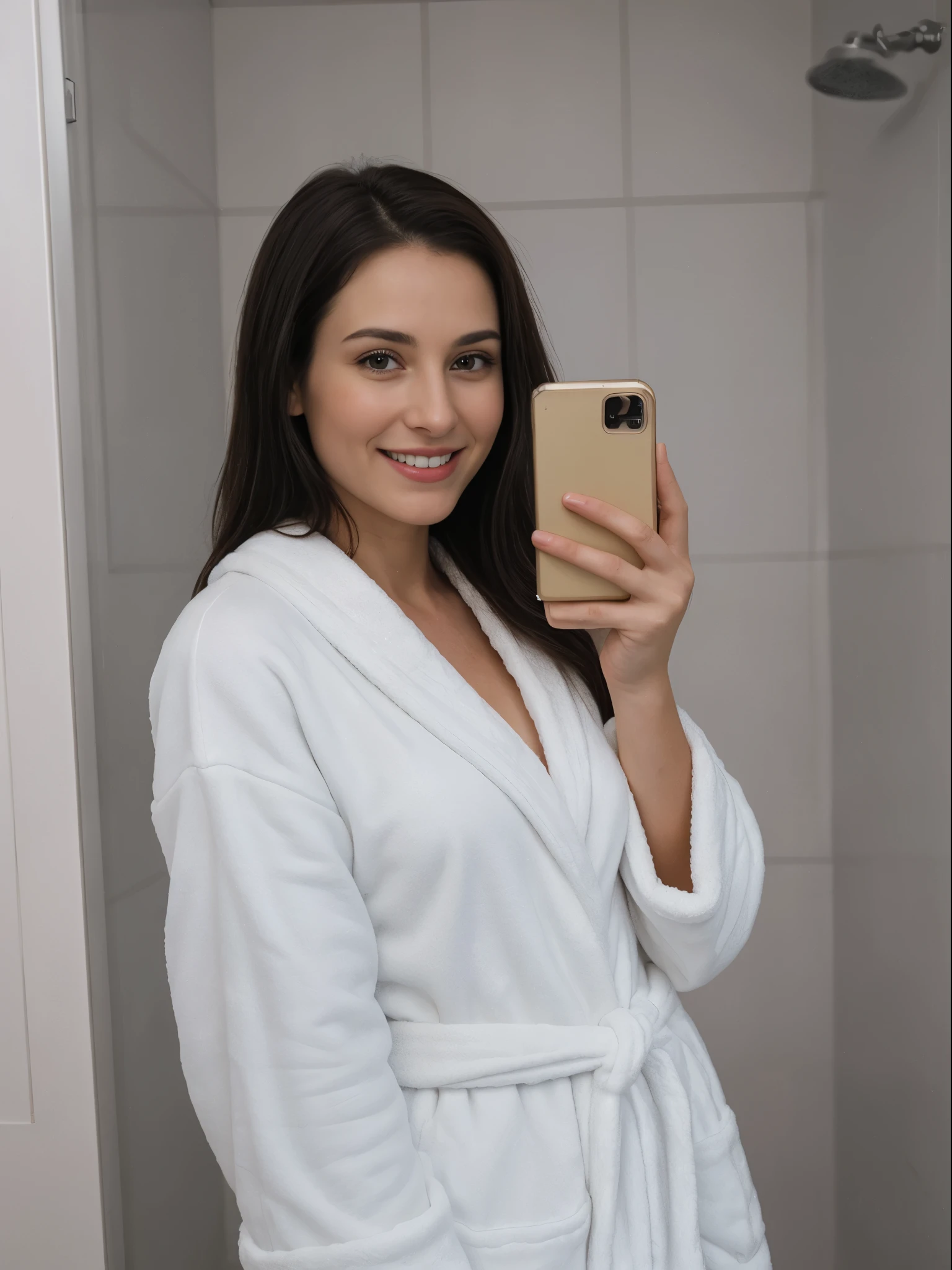 29 year old brunette, with a bathrobe, Selfie, in a bathroom, realistic, ssmile, ultra detailed face