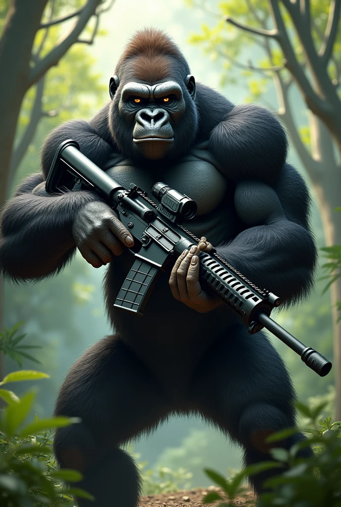 Image of a gorilla with a grin and an ice m416 in his hands