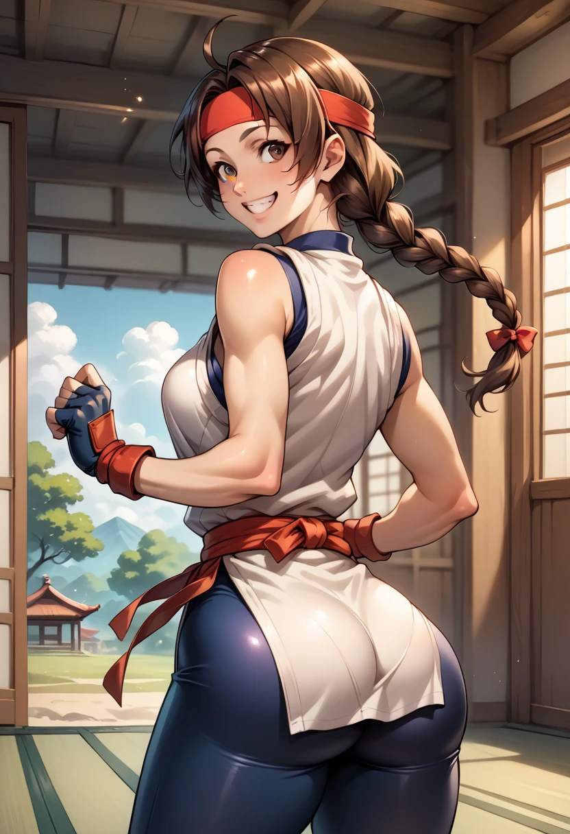 score_9, score_8_up, score_7_up, BREAK, score_9, ysakazaki, happy, teeth, smile, brown hair, brown eyes, single braid, dougi, spandex, headband, fingerless gloves, cowboy shot, ass, from behind, dojo