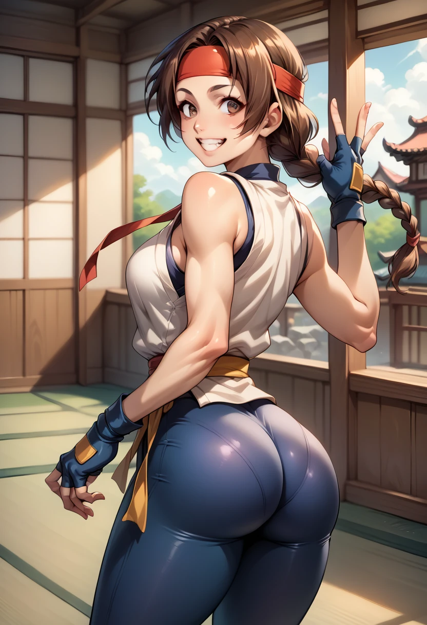 score_9, score_8_up, score_7_up, BREAK, score_9, ysakazaki, happy, teeth, smile, brown hair, brown eyes, single braid, dougi, spandex, headband, fingerless gloves, cowboy shot, ass, from behind, dojo