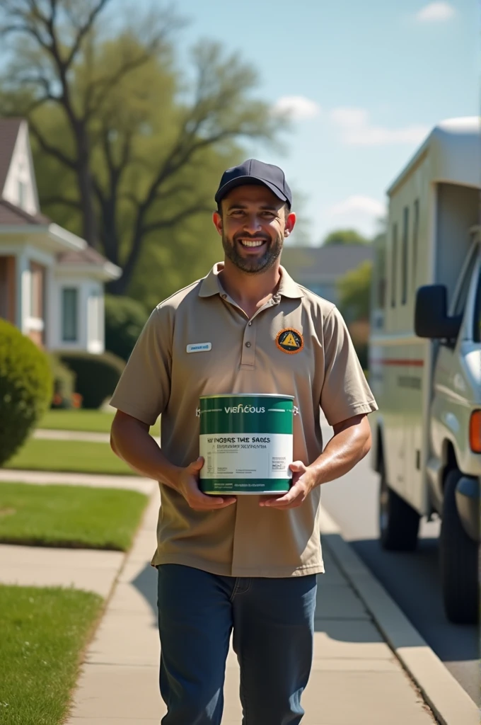 Delivery person carrying a gallon of house paint
