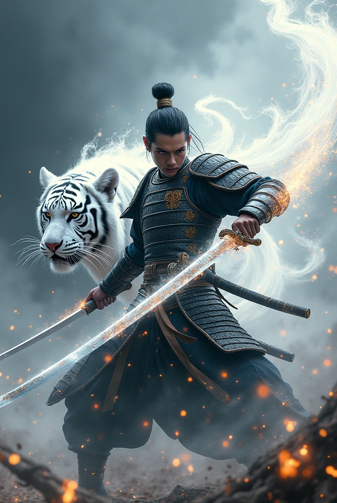 masterpiece、最high resolution、high resolution、Detailed Description、beautiful、art、One Samurai、Samurai surrounded by White flames、Beautiful armor、Wearing a White aura、Samurai brandishing a sword、Sharp-eyed Samurai、A glare at me、The sword is engulfed in White flames、battlefield、A white tiger with a white aura on background、A tense scene、Ink Painting、Movie poster motif、Inspired by The Last Samurai、4K Graphics、