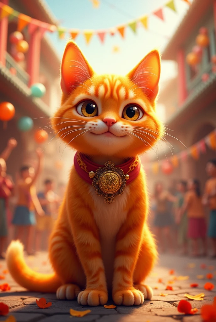 Ek orange cat ek dark force ko harane ke baad, ek celebrations mein hai.
- Ek orange cat ek village mein hai, jahan par ek grand celebration hai.