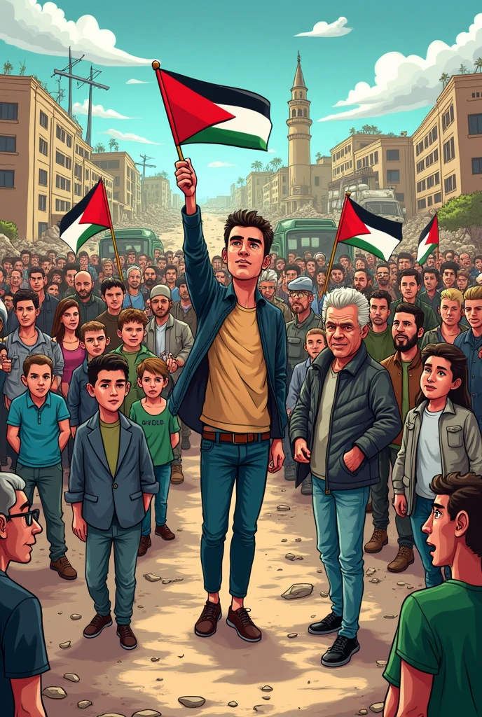 I need you to act like a tenth grade student and you have to make a drawing that represents what is happening and what you interpret in the Palestinian conflict with Israel. Make it very creative and cartoonish.