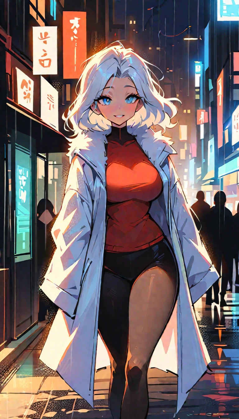 (high quality, 8k, 4K, high contrast, artwork:1.2, high quality, best aesthetics), (centered), ((1 woman)), erotic, sensual, mature body, grown woman, super detailed, beautiful face detailed, beautiful eyes detailed, detailed beautiful mouth, (white hair), (long wavy white hair), (blue eyes), (black eyeliner), (happy expression), (white winter coat), (black leggings), (walking), (side view), (piercing gaze), (inside a), (big breasts), (wide thighs), (walking on the sidewalk of a street), (night), (raining), (illuminated city)