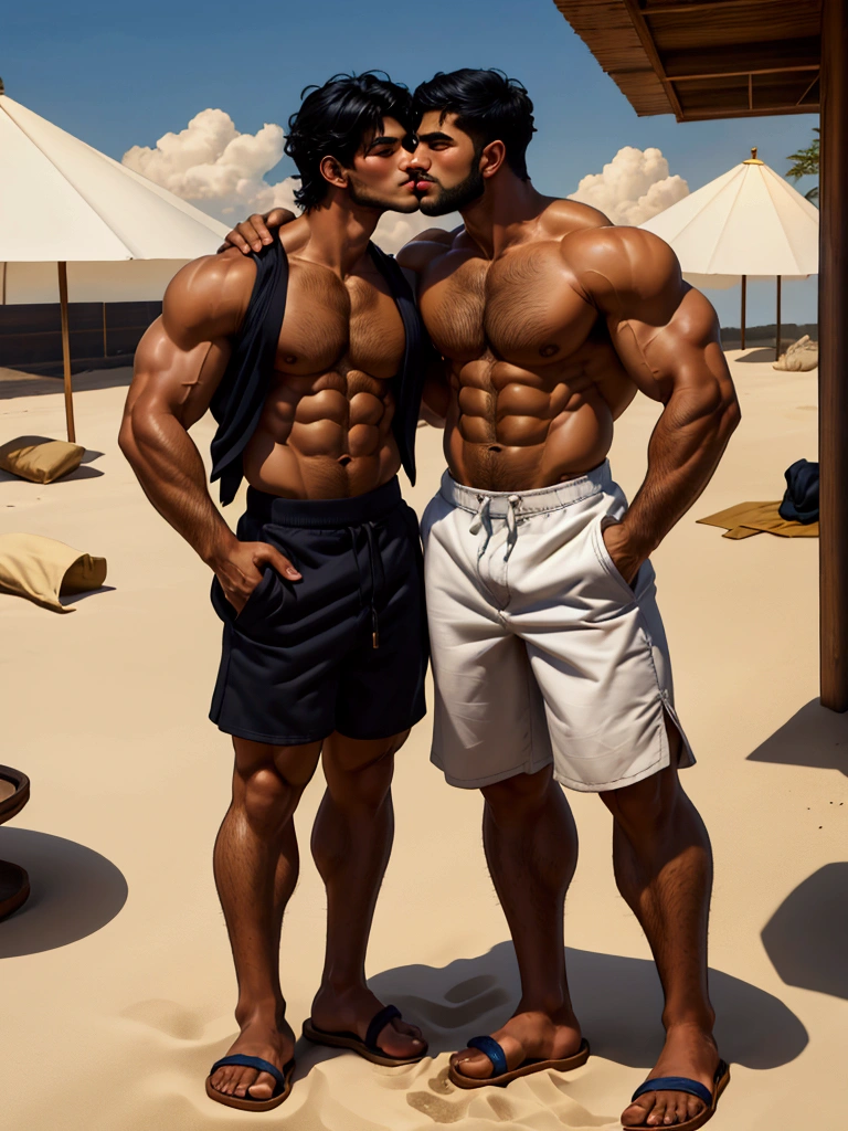 a lamp genie turns into a handsome, strong, muscular Arab and African human with beautiful black hair, with a toned body, wearing only sand-colored shorts and sandals kissing his handsome Japanese engineer boyfriend