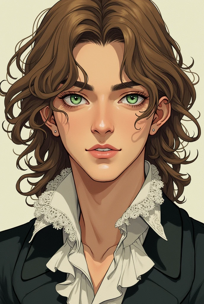 young man with brownish golden lightly-curly long hair to shoulders and green eyes, wearing 18th century shirt, in japanese manga style like mori kaoru