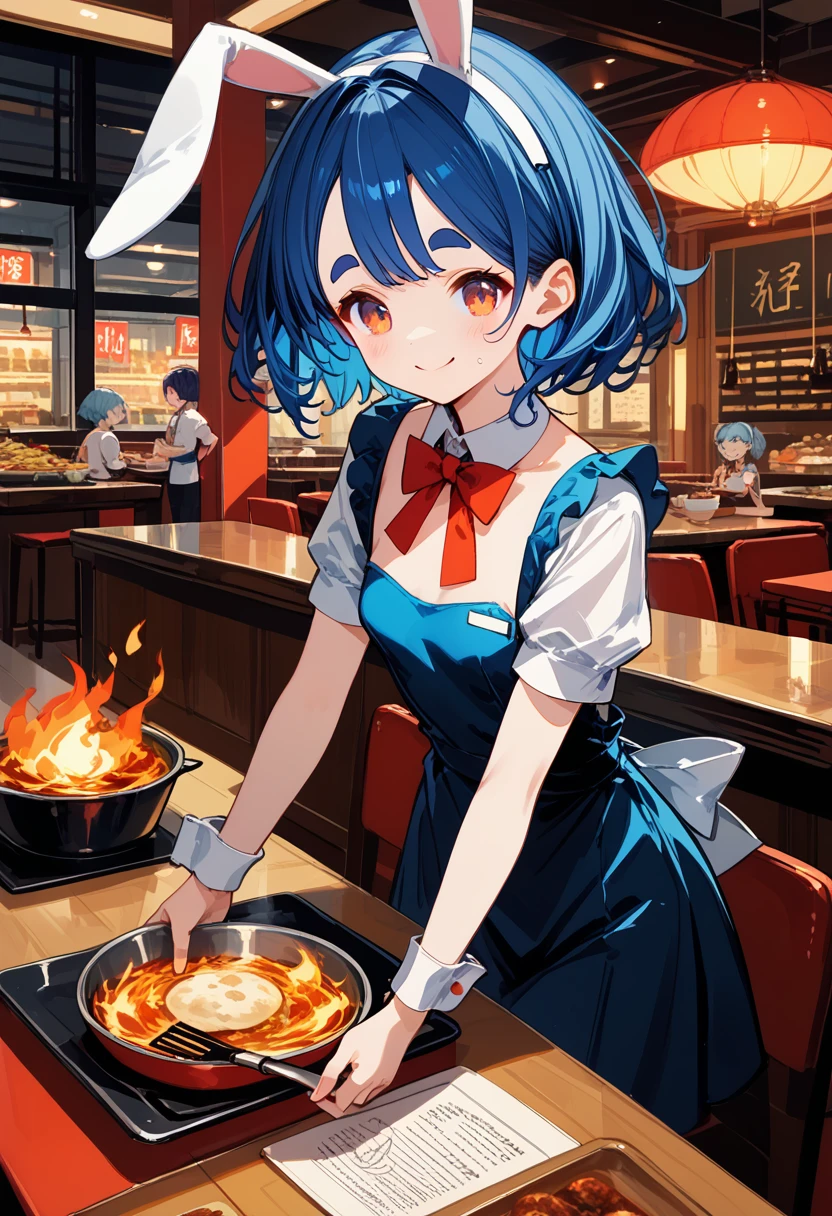 score_9, score_8_up,score_7_up,flat color,(best quality, masterpiece, ultra high-resolution, ultra-detailed,anime style illustration,(cooking dish using a wok,hard),smile,(lots of flames),chinese restaurant Waitress,(Wearing a bunny girl costume in chinese restaurant),chinese bunny waitress, BREAK (girl,16yo,detailed face,(darkblue hair,wavy-short hair),middle thick eyebrows,middle small breasts),