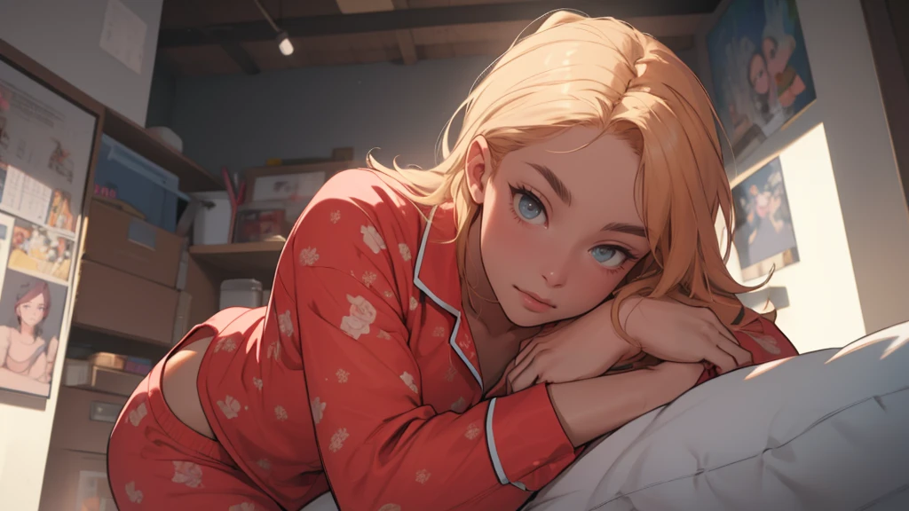 work of art, CRU, linda arte, professional artist, 8k, very highly detailed face, very detailed hair, 1 girl, Kim Possible, perfectly dCRUn body, beautiful face, long hair, eyes very detailed, fleshy lips, rosy cheeks, intricate details on the eyes, gazing directly at the viewer , tight pajama shorts and tight pajama top, in love with the spectator's expression, pursed lips, relaxing in your comfortable bed