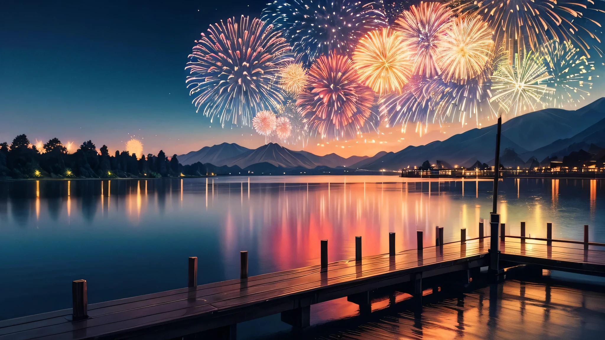 night view, by the lake, from the wooden bridge, you can see the Japanese summer festival from afar, there are fireworks in the sky, the sky is full of beautiful fireworks