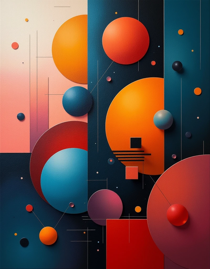 Create an abstract art print, oil color, that shows geometric object art elements mixed in one image. Beautiful, vibrant colors, printed on a full canvas. (masterpiece, top quality, best quality, official art, beautiful and aesthetic:1.2)
