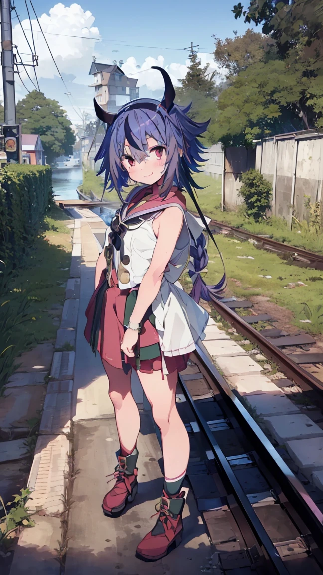 masterpiece, Highest quality, High resolution, Very detailed,(((Mikoto Naruka))), (((smile)))、(((Standing in the distance))), (((Railroad crossing))), (((line))), (((Plants))), (((river))), (((Multicolored Hair))), (((horn))), (((Pink Eyes)))