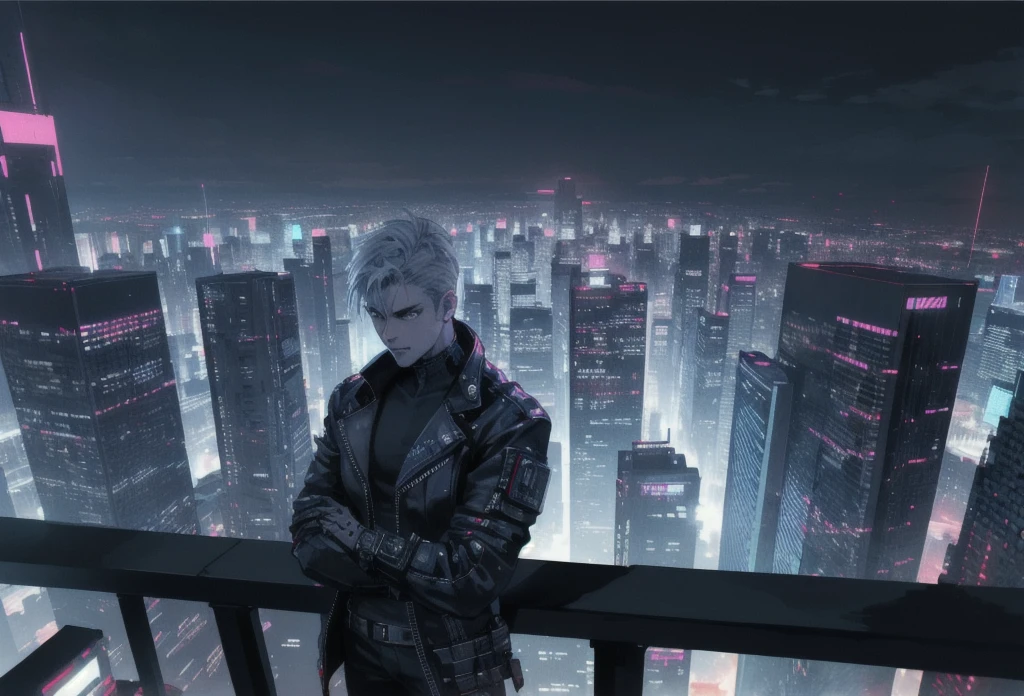 A high angle shot of a city at night, Cyberpunk atmospheres, Cyberpunk atmosphere, Cyberpunk art style, in Cyberpunk City, Cyberpunk themed art, Cyberpunk dream world, cyberpunk in a Cyberpunk City, Cyberpunk City, beautiful Cyberpunk City, in a Cyberpunk City, Cyberpunk aesthetics, Cyberpunk Street, Cyberpunk art, at a Cyberpunk City, Cyberpunk Cityscape, Cyberpunk aesthetic,In the foreground of the screen is a young man, with a large window separating him from the background, resting his chin on his hands.