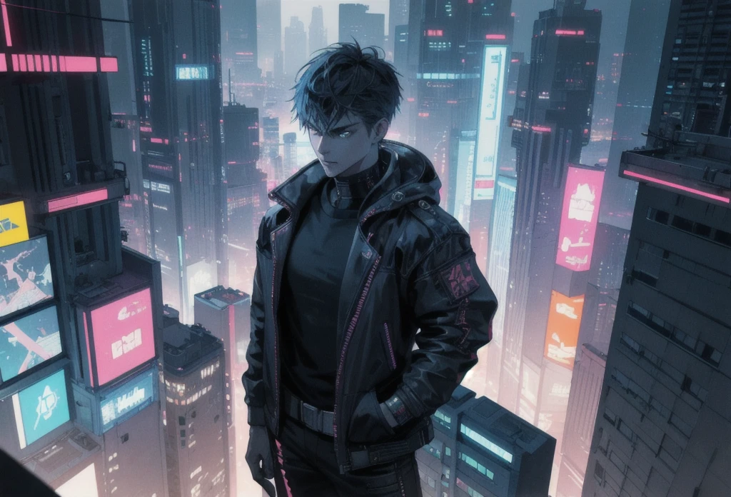 A high angle shot of a city at night, Cyberpunk atmospheres, Cyberpunk atmosphere, Cyberpunk art style, in Cyberpunk City, Cyberpunk themed art, Cyberpunk dream world, cyberpunk in a Cyberpunk City, Cyberpunk City, beautiful Cyberpunk City, in a Cyberpunk City, Cyberpunk aesthetics, Cyberpunk Street, Cyberpunk art, at a Cyberpunk City, Cyberpunk Cityscape, Cyberpunk aesthetic,In the foreground of the screen is a young man, with a large window separating him from the background, resting his chin on his hands.