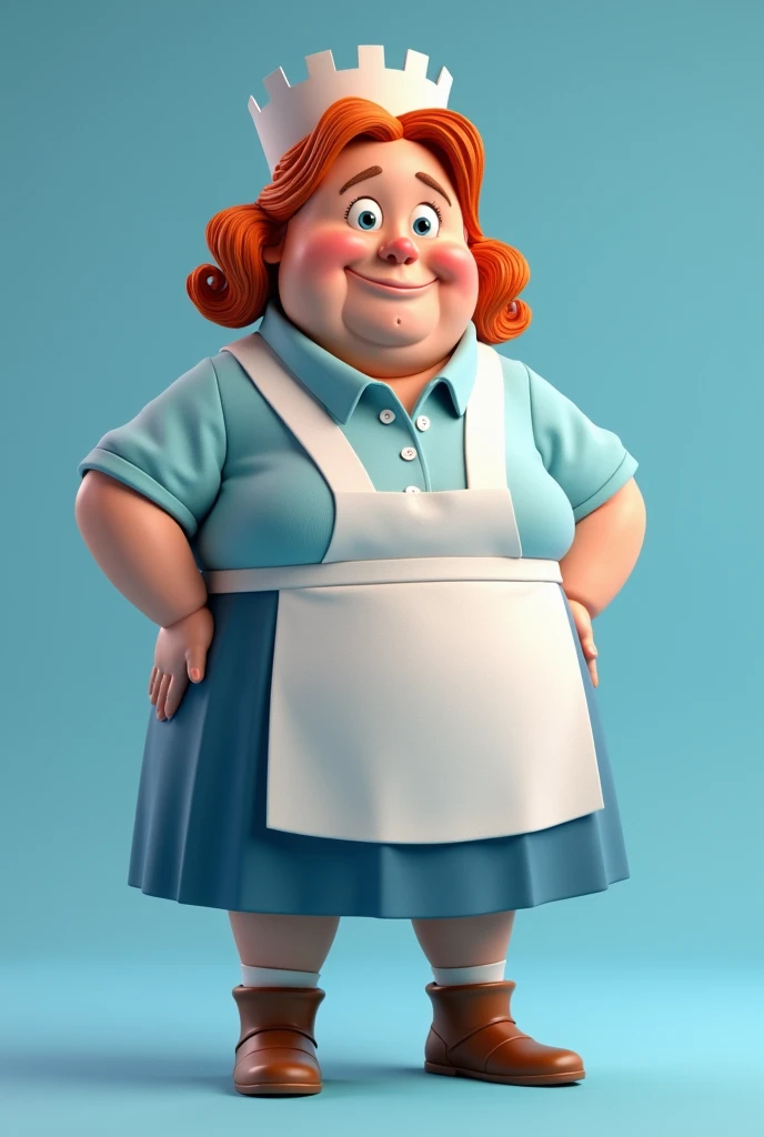 ((Best quality)), ((masterpiece)), (detailed), 3d on a light blue background cheerful Freken Bock (Miss Hildur Bock) — the woman of the trilogy by Swedish writer Astrid Lindgren about the Kid and Karlsson. the housekeeper is a large woman with red hair, low voice and sharp character cheerful