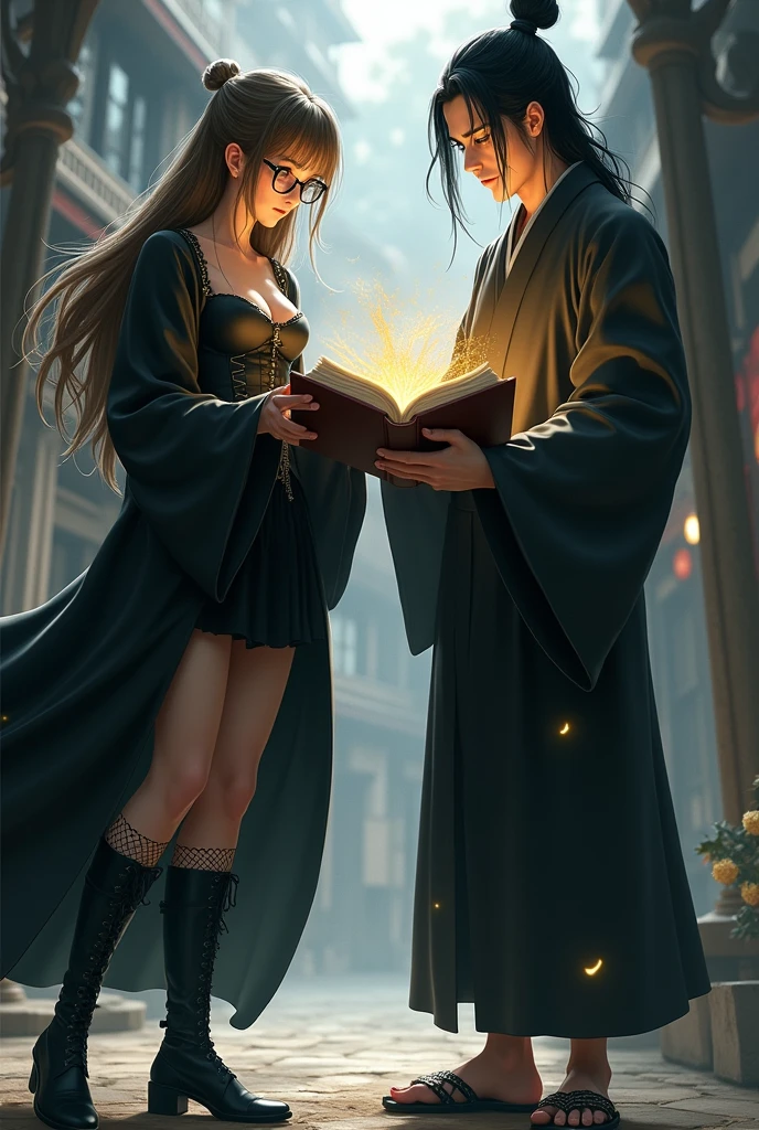 Caucasian female, older, アニメ, long hair with bangs and brown, eyes black, round eyeglasses, espartilho preto, black skirt and black coat, wearing black boots and fishnet stockings, holding magic book with a tall man, Older, white oriental long black hair, with bun hairstyle, eyes black orientais, wearing a Japanese kimono and sandals with socks, realisitic, アニメ
