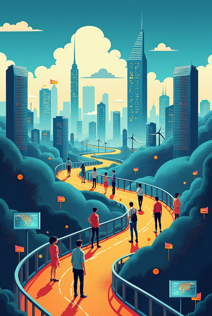 A modern landscape mural painting with a themed 𝙁𝙧𝙤𝙢 𝘾𝙡𝙞𝙘𝙠𝙨 𝙩𝙤 𝙋𝙧𝙤𝙜𝙧𝙚𝙨𝙨: 𝙔𝙤𝙪𝙩𝙝 𝘿𝙞𝙜𝙞𝙩𝙖𝙡 𝙋𝙖𝙩𝙝𝙬𝙖𝙮𝙨 𝙛𝙤𝙧 𝙎𝙪𝙨𝙩𝙖𝙞𝙣𝙖𝙗𝙡𝙚 𝘿𝙚𝙫𝙚𝙡𝙤𝙥𝙢𝙚𝙣𝙩.

