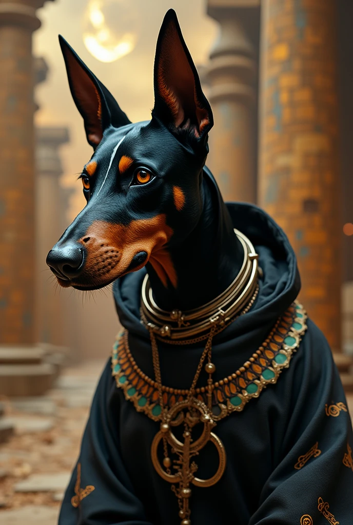 Doberman who likes Slipknot Wearing Slipknot clothes Egyptian god He smokes weed He's crazy He uses a stretcher He has a tattoo He went to space