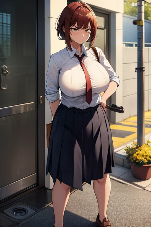 Woman with large breasts, skirt, angry face, peeing while standing, leaking urine