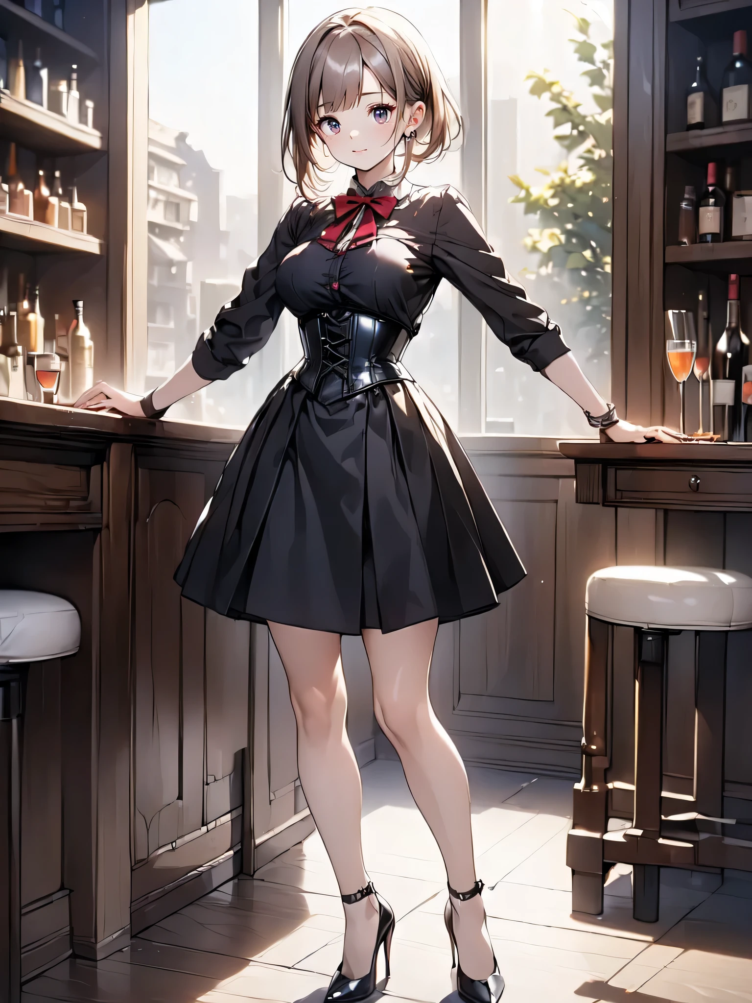 (masterpiece, best quality, highest quality, Masterpiece, 8k:1.5), (kawaii:1.2), (Full Body Shot,Including face,1girl,Focus on the face,Symmetrical facial features), Beautiful woman, (slender), ((High heels)), Detailed depiction of the face, Black Eyes,Cafe,bar, (Red checked skirt,corset,clerk,uniform),Inside the store,Window Cleaning, (multiple:-1.2),