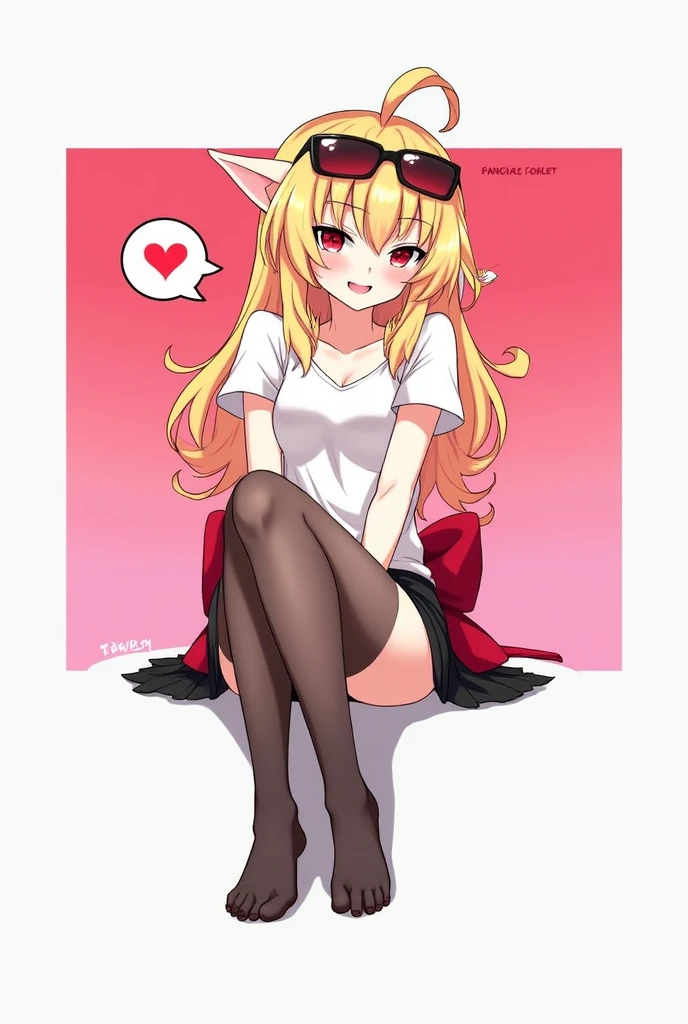 best quality, masterpiece, high resolution, alone, {flandre_scarlet_touhou:1.15}, long blonde hair with red streaks at the tips, big red eyes, small elf ear and a ruby colored earring in her left ear, bangs with a red lock in the middle, sunglasses on her head, one side up, flirtatious smile, blush, smile, white headdress, a light white short-sleeved blouse with a low neckline on the upper body, hair between her eyes, a red coat overlaid between her wrists, underneath a very sexy black skirt, thick thighs, pronounced hips, the girl is slim, blushing cheeks, long straight hair, white skinned girl, 1 girl, looking at the viewer smiling flirtatiously, sexy black skirt, light blouse, short sleeves, simple background, the girl is sitting crossing her left leg flirtatiously, she has slightly transparent black nylon stockings that reach her knee, white background, white shirt, ruffles, long hair, low neckline T-shirt, girl with super small tits, a speech bubble with a red heart. the girl has no hat.