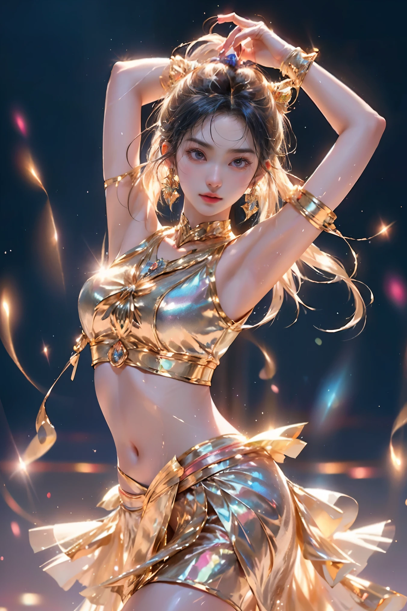 Cinematic 3D render, 8k, extremely detailed, 1 young Japanese woman, (delicate facial features: 1.3), (luminous skin: 1.2), (cascading hair: 1.2), (graceful dancing pose: 1.5), (shimmering musical notes: 1.3), (vibrant lighting: 1.2), captivating presence, mesmerizing performance, high-quality masterpiece