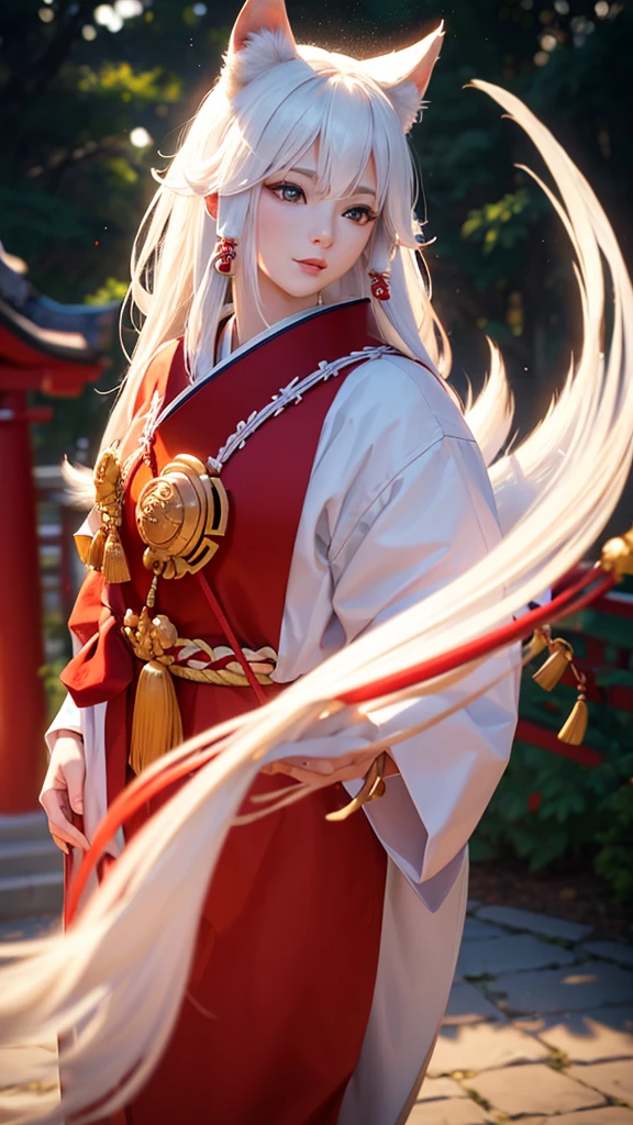 a Shinto deity Inari, gentle demeanor, surrounded by foxes, traditional elegant robes, red and white color scheme, sacred torii gate, lush verdant forest, (best quality,4k,8k,highres,masterpiece:1.2),ultra-detailed,(realistic,photorealistic,photo-realistic:1.37),HDR,UHD,studio lighting,ultra-fine painting,sharp focus,physically-based rendering,extreme detail description,professional,vivid colors,bokeh,portrait